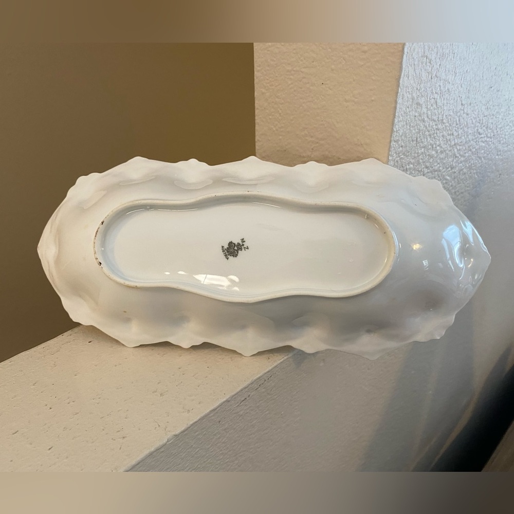 MZ Austria Floral Dish. No Chips or Cracks. White Bowl with Gold/Green accents. - Picture 3 of 4